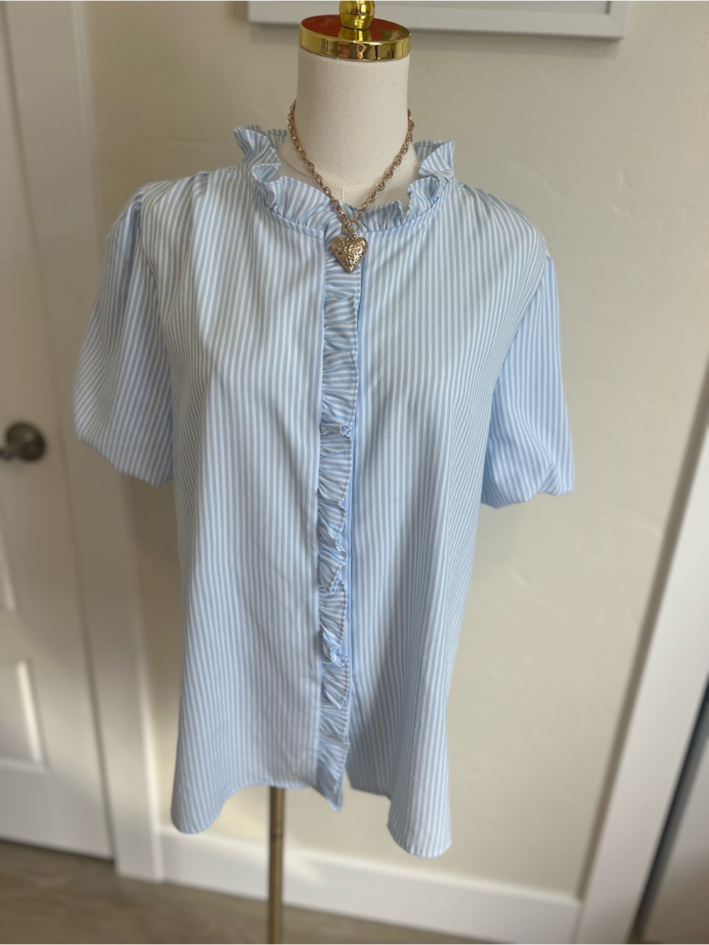 Light Blue Pinstripe Ruffle Front Blouse 🌷